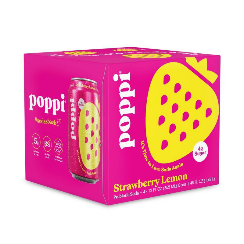 slide 1 of 6, Poppi Strawberry Lemon Prebiotic Soda - 4pk/12 fl oz Cans, 4 ct; 12 fl oz