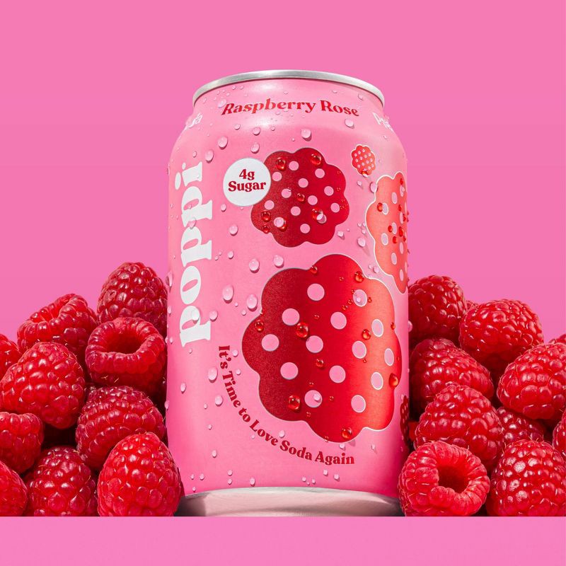 slide 3 of 6, Poppi Raspberry Rose Prebiotic Soda - 4pk/12 fl oz Cans, 4 ct; 12 fl oz