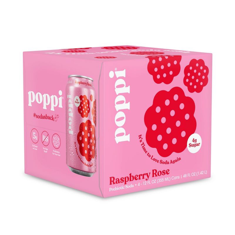 slide 1 of 6, Poppi Raspberry Rose Prebiotic Soda - 4pk/12 fl oz Cans, 4 ct; 12 fl oz