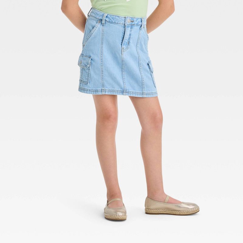 slide 1 of 5, Girls' High-Rise Cargo Jean Skirt - Cat & Jack™ Light Wash S, 1 ct