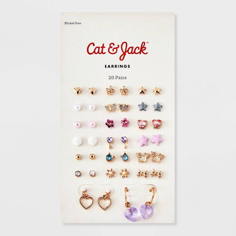 slide 2 of 13, Girls' 20pk Earring Set - Cat & Jack™: Nickel-Free, Post Closure, Stud & Hoop Styles, 20 ct