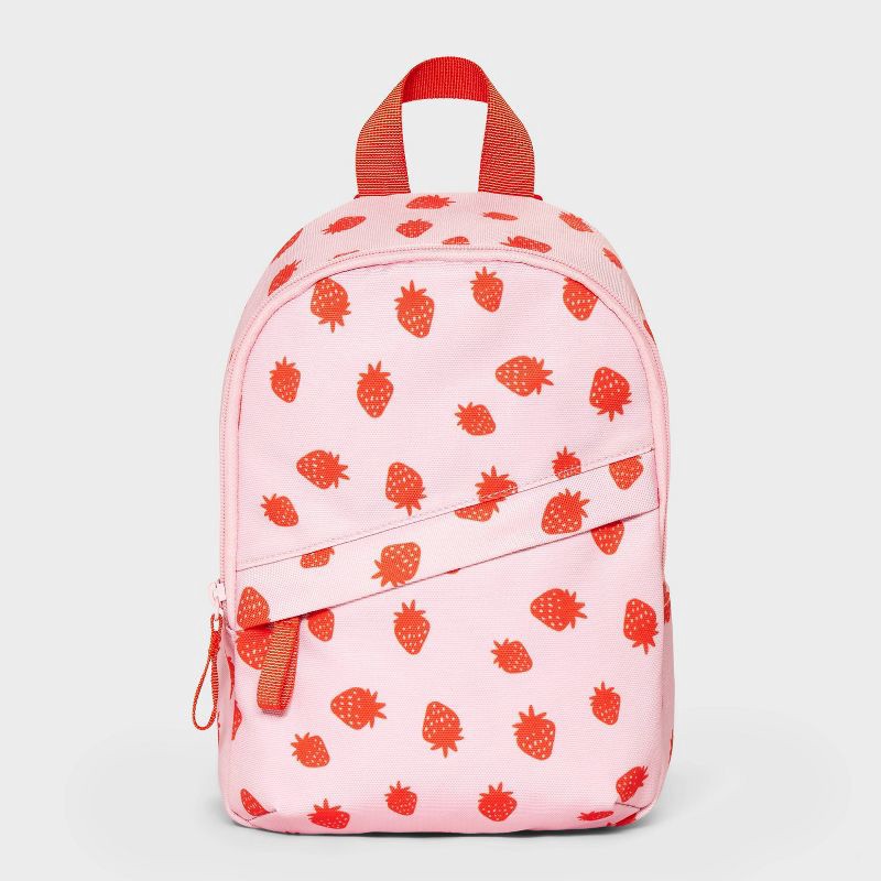 slide 1 of 4, Girls' 11" Mini Backpack with Strawberries and Diagonal Zipper - Cat & Jack™ Pink, 1 ct