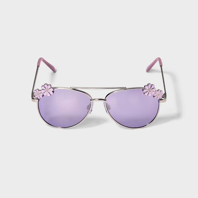 slide 1 of 2, Girls' Daisy Aviator Sunglasses - Cat & Jack™ Purple: Metal Frame, Adjustable Nose Pads, Maximum UV Protection, 1 ct