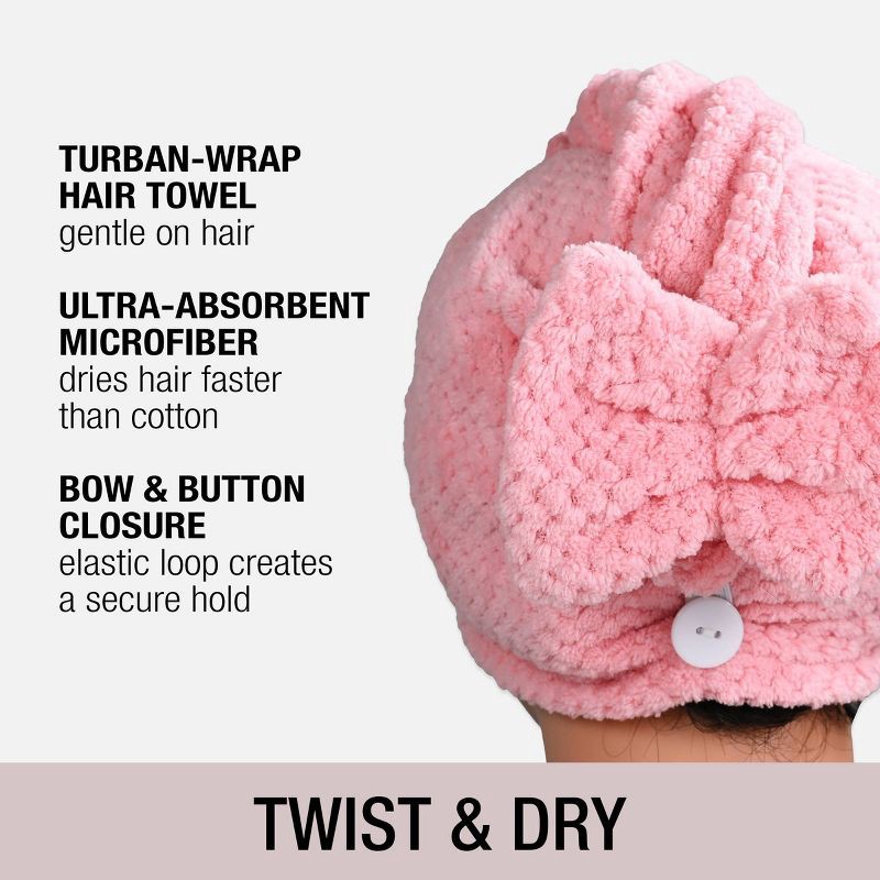 slide 2 of 4, Conair Ultra-Absorbent Microfiber Hair Towel with Bow and Button Closure - Pink, 1 ct