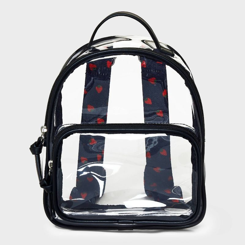 slide 1 of 4, Girls' 8.5' Mini Backpack with Strawberry Straps - art class™ Black/Clear, 1 ct