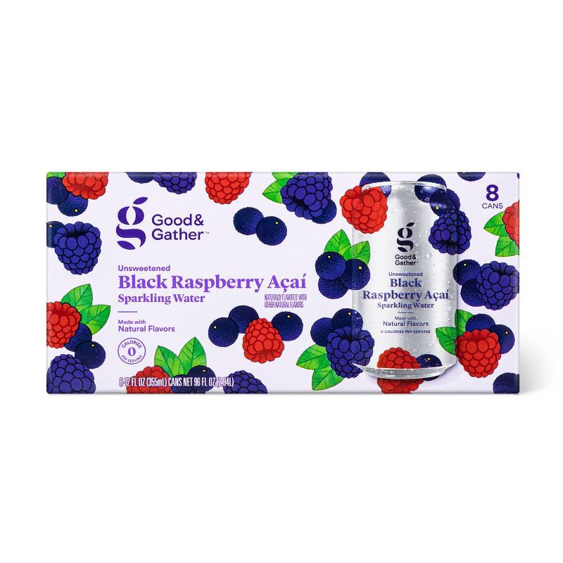 slide 1 of 5, Black Raspberry Acai Sparkling Water - 8pk/12 fl oz Cans - Good & Gather™, 8 ct; 12 fl oz