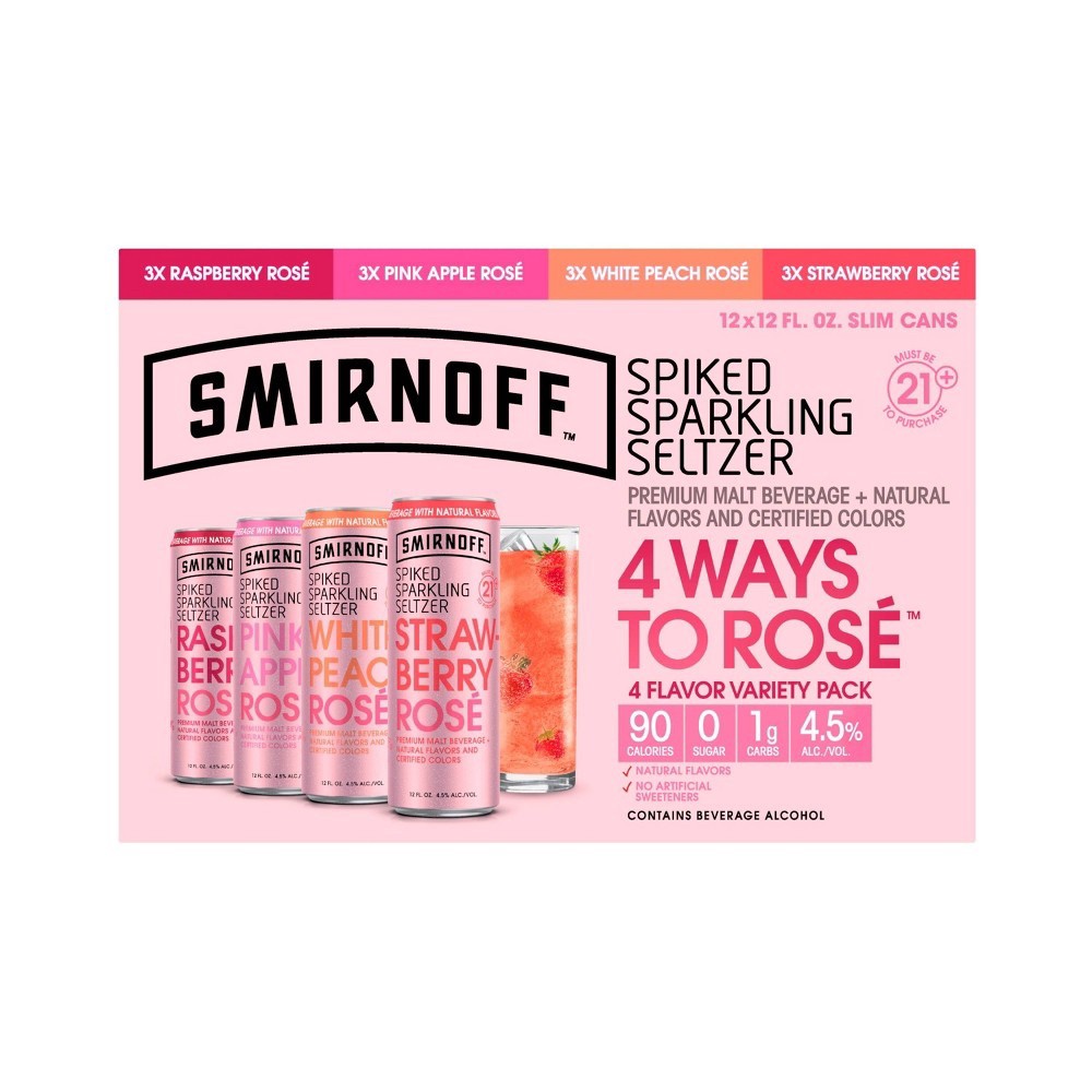 slide 3 of 3, Smirnoff Spiked Sparkling Seltzer 4 Ways to Rose Spiked Sparkling Seltzer, 12 ct; 12 fl oz