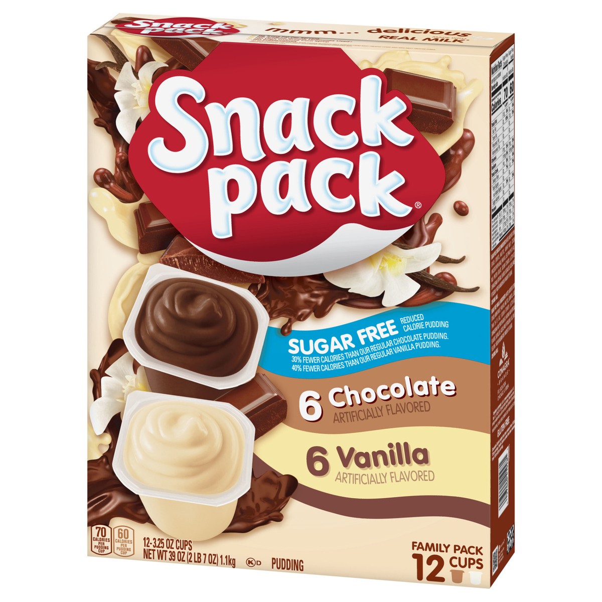 slide 3 of 13, Snack Pack Zero Sugar Chocolate Pudding and Vanilla Pudding, 3.25 oz Pudding Cups, 12 Count Family Pack, 12 ct