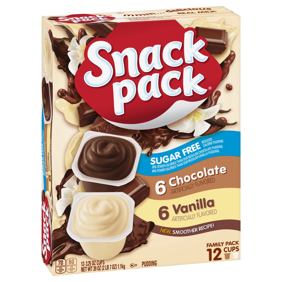slide 13 of 13, Snack Pack Zero Sugar Chocolate Pudding and Vanilla Pudding, 3.25 oz Pudding Cups, 12 Count Family Pack, 12 ct