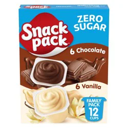 Snack Pack Zero Sugar Chocolate Pudding and Vanilla Pudding, 3.25 oz Pudding Cups, 12 Count Family Pack