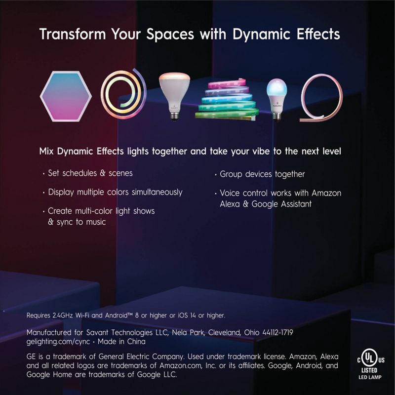 slide 4 of 10, GE Household Lighting GE 2pk CYNC Dynamic Effects Smart LED Full Color A19 Light Bulbs, 2 ct