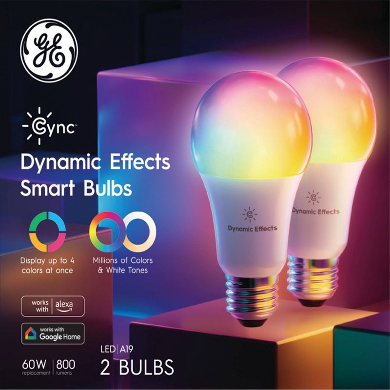 slide 1 of 10, GE Household Lighting GE 2pk CYNC Dynamic Effects Smart LED Full Color A19 Light Bulbs, 2 ct