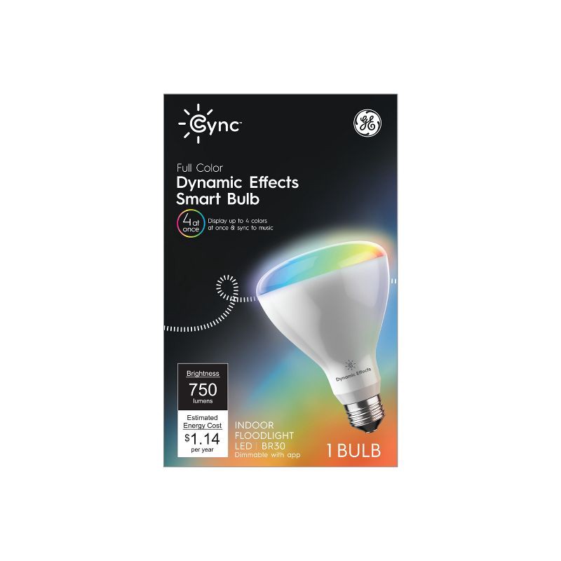 slide 1 of 6, GE Household Lighting GE Cync Dynamic Effects Smart LED BR30 Indoor Floodlight Bulb Multicolored, 65W Equivalent, Alexa & Google Compatible, 1 ct