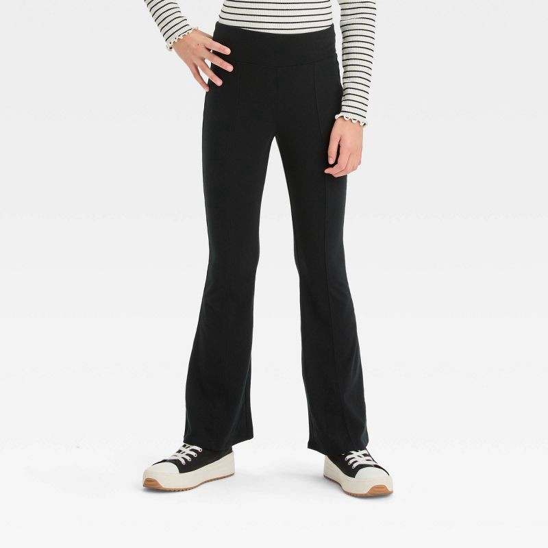 slide 1 of 3, Girls' Solid Flare Leggings - art class™ Black M: High Rise, Hidden Pocket, Midweight Jersey, 1 ct