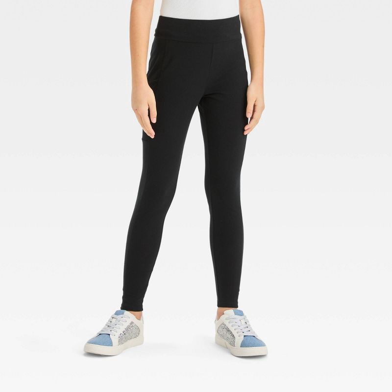 slide 1 of 3, Girls' Leggings with Side Pocket - art class™ Black L: Mid Rise, Jersey, Ankle Length, Elastic Waistband, 1 ct