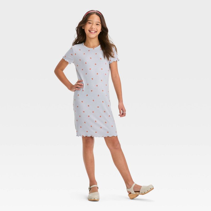 slide 3 of 3, Girls' Short Sleeve Rib-Knit Dress - art class™ Blue Strawberry M, 1 ct