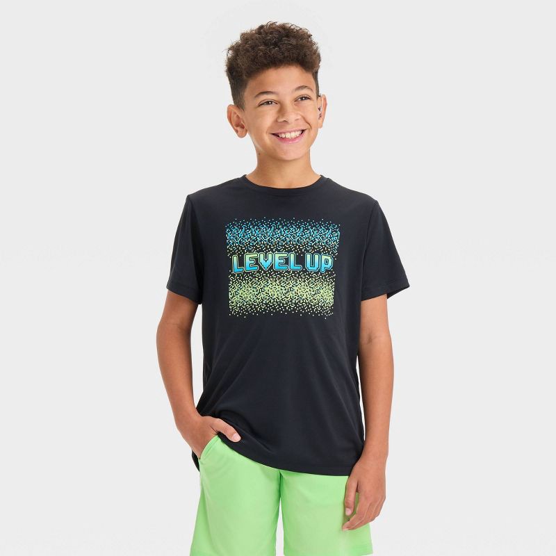 slide 1 of 3, Boys' Short Sleeve 'Level Up" Graphic T-Shirt - All In Motion™ Black M, 1 ct