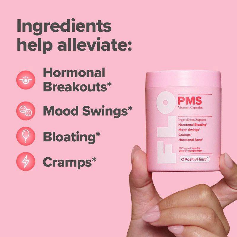 slide 3 of 7, O Positiv FLO PMS Vitamin Vegan Capsules for Women with PMS & Menstrual Symptom Relief, Hormonal Bloating & Cramps Support - 30ct, 30 ct