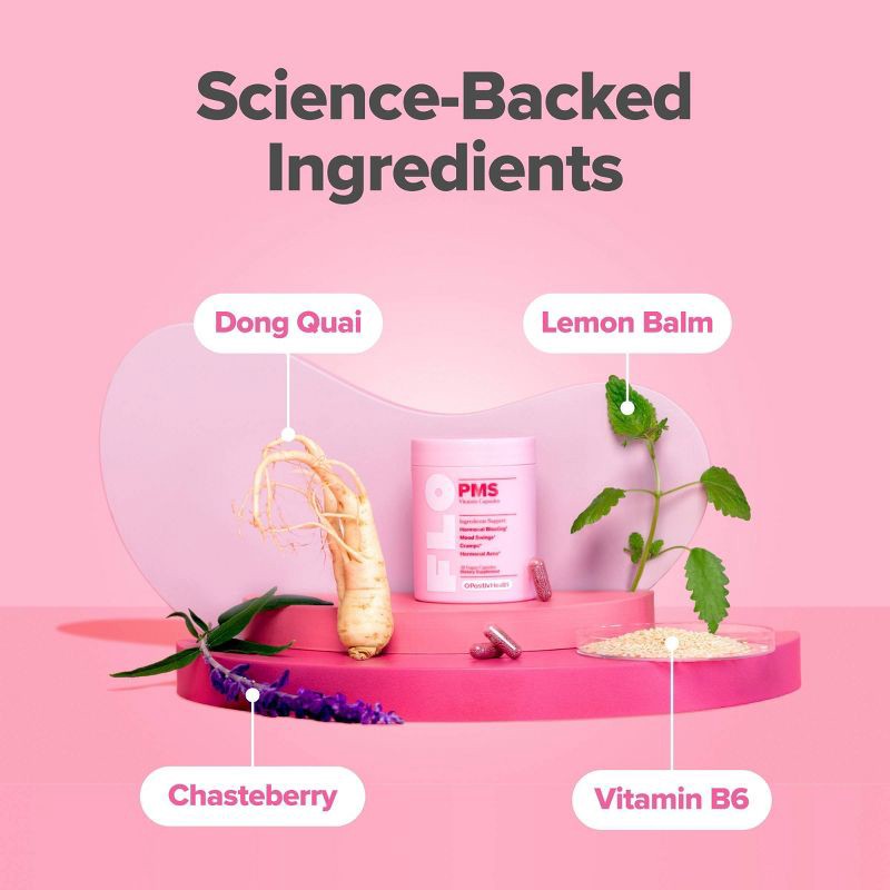 slide 4 of 7, O Positiv FLO PMS Vitamin Vegan Capsules for Women with PMS & Menstrual Symptom Relief, Hormonal Bloating & Cramps Support - 30ct, 30 ct