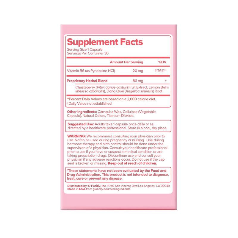 slide 6 of 7, O Positiv FLO PMS Vitamin Vegan Capsules for Women with PMS & Menstrual Symptom Relief, Hormonal Bloating & Cramps Support - 30ct, 30 ct