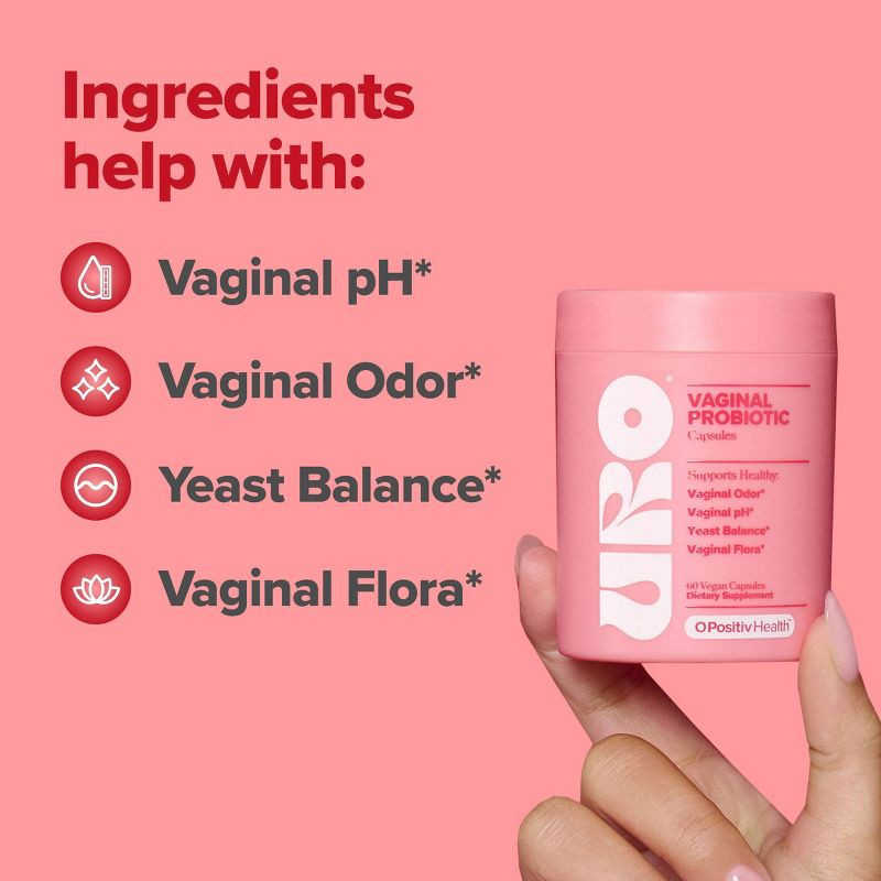 slide 3 of 7, O Positiv URO Vaginal Vegan Probiotic for Women with Vaginal Health, Vaginal Odor, pH & Yeast Balance Support Capsules - 60ct, 60 ct