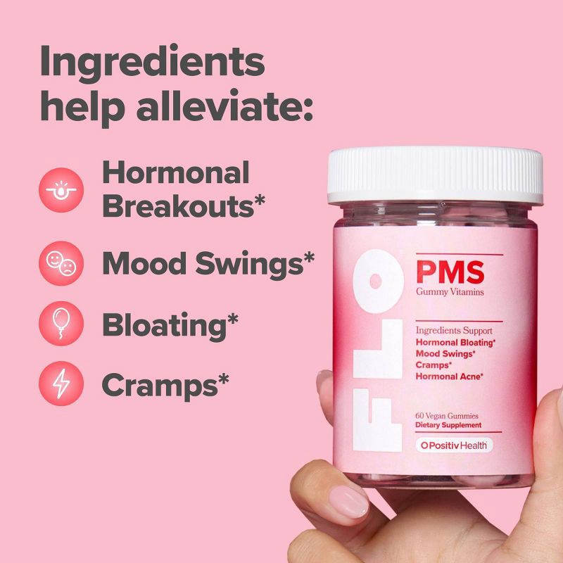 slide 3 of 6, O Positiv FLO PMS Vegan Gummy Vitamins for Women with PMS & Menstrual Symptom Relief, Hormonal Bloating & Cramps Support - 60ct, 60 ct