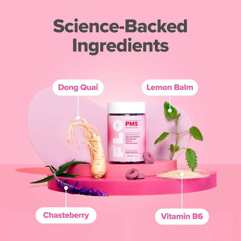 slide 4 of 6, O Positiv FLO PMS Vegan Gummy Vitamins for Women with PMS & Menstrual Symptom Relief, Hormonal Bloating & Cramps Support - 60ct, 60 ct