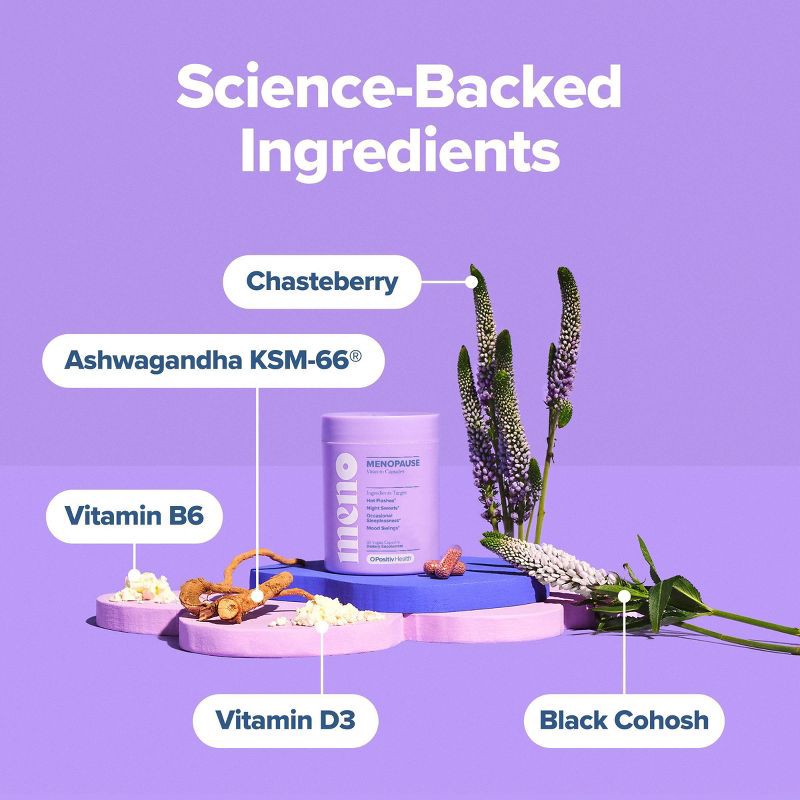 slide 4 of 7, O Positiv MENO Menopause Vegan Vitamin Capsules for Women with Black Cohosh & Ashwagandha - 60ct, 60 ct