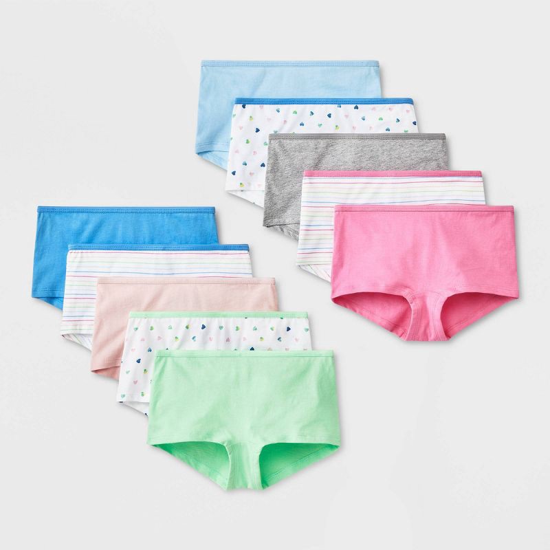 slide 1 of 4, Girls' 10pk Heart/Striped Cotton Boy Shorts - Cat & Jack™ 12, 10 ct