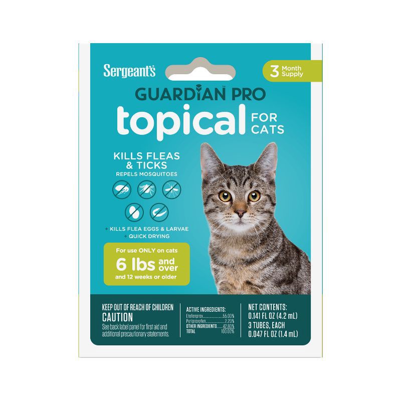 slide 1 of 8, Sergeant's Guardian Pro Flea & Tick Topical Treatment for Cats - 6lbs and Over - 3ct: Mosquito, Flea, Tick Repellent, All Ages, 0.141 Weight, 6 lb, 3 ct