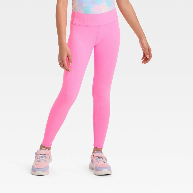 Girls' Mid-Rise Ribbed Leggings - All in Motion Pink L 1 ct