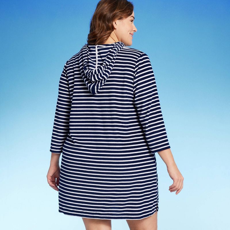 Lands' End Women's Striped V-neck Terry Hooded Swimsuit Cover Up