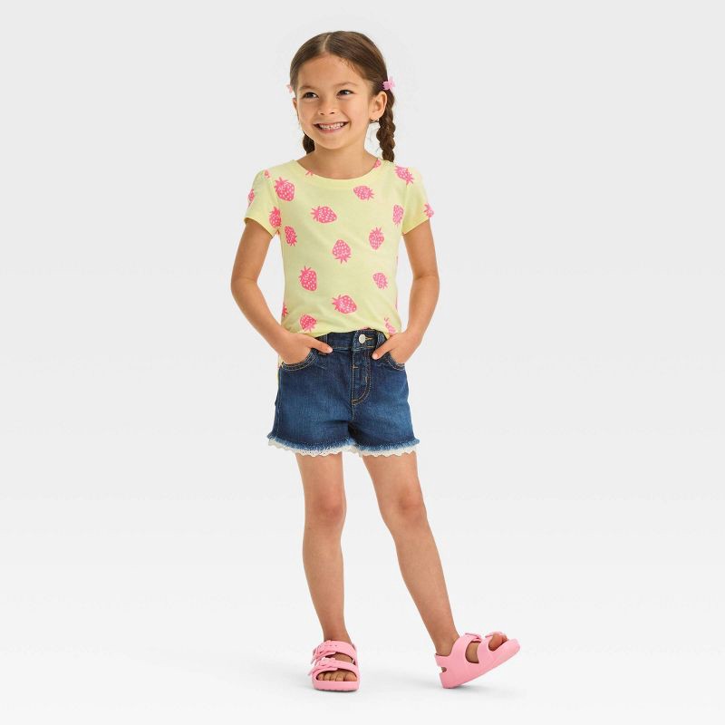 slide 3 of 4, Toddler Girls' Lace Cut-Off Denim Shorts - Cat & Jack™ Dark Blue 18M: Adjustable Waistband, Mid-Rise, 1 ct