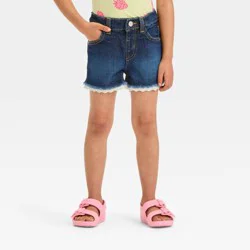 Toddler Girls' Lace Cut-Off Denim Shorts - Cat & Jack™ Dark Blue 3T: Adjustable Waist, Mid-Rise Denim