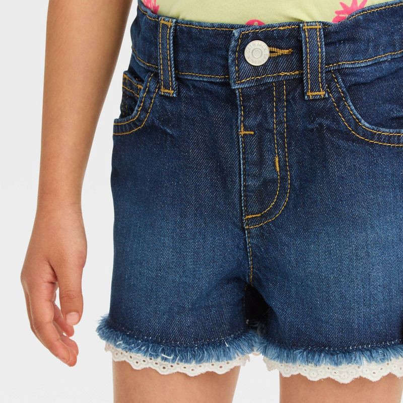 slide 4 of 4, Toddler Girls' Lace Cut-Off Denim Shorts - Cat & Jack™ Dark Blue 4T: Adjustable Waistband, Mid-Rise, Lightweight Denim, 1 ct