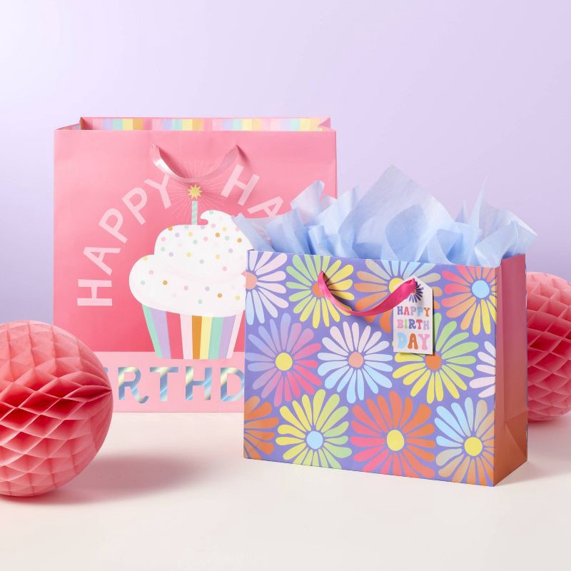 slide 2 of 3, Large Happy Birthday Cupcake Square Gift Bag - Spritz™, 1 ct