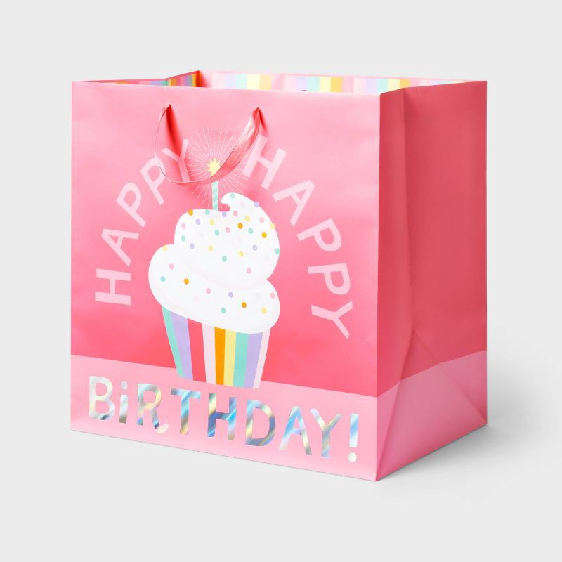 slide 1 of 3, Large Happy Birthday Cupcake Square Gift Bag - Spritz™, 1 ct