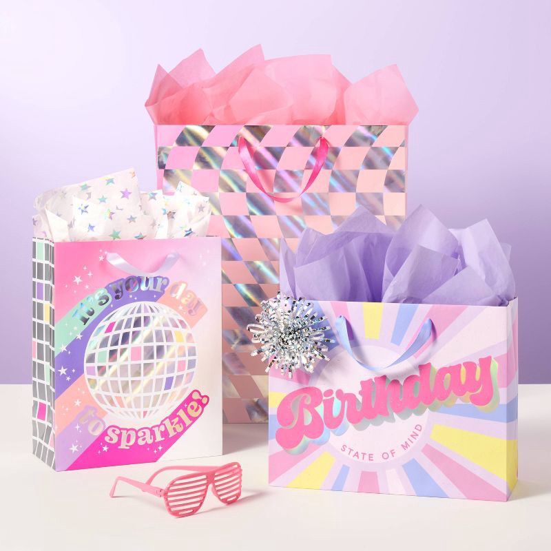 slide 2 of 3, XLarge Foil Print Checkered Birthday Gift Bag Pink - Spritz™, 1 ct