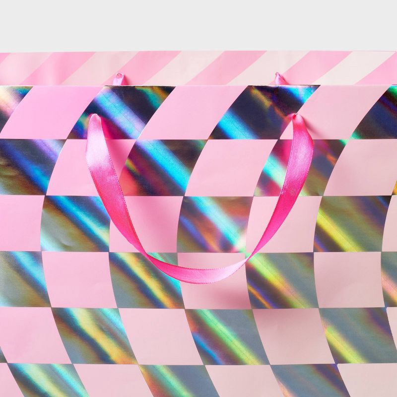 slide 3 of 3, XLarge Foil Print Checkered Birthday Gift Bag Pink - Spritz™, 1 ct