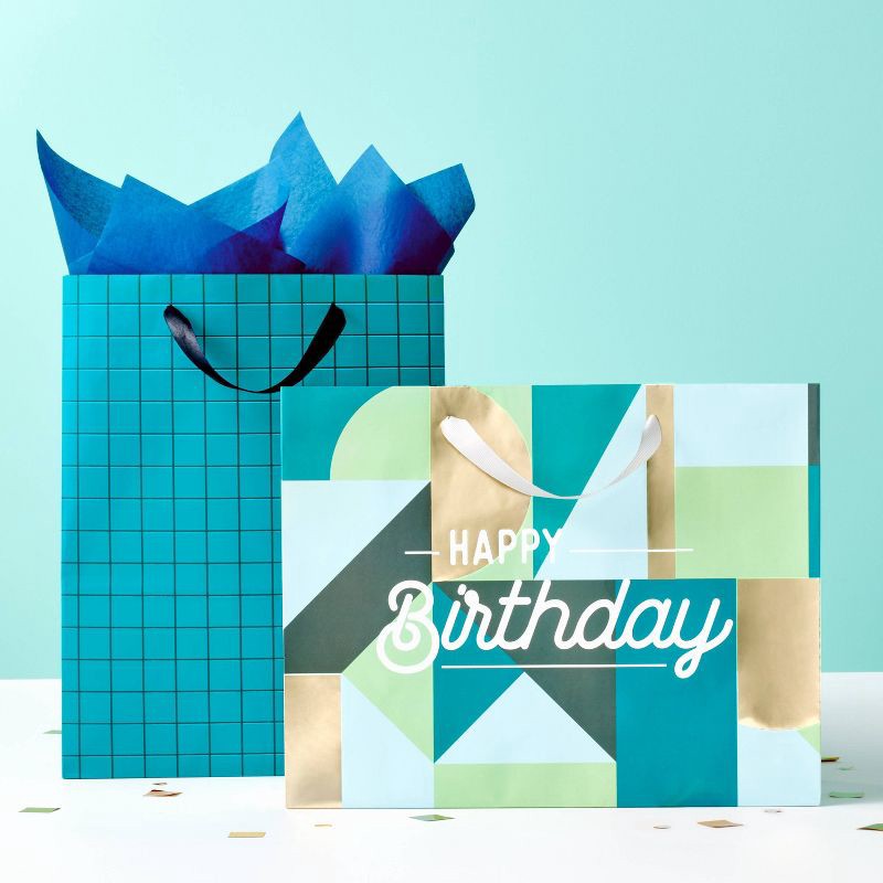 slide 2 of 3, Large Birthday Gift Bag with Tissue Grid - Spritz™: Stripe Pattern, Black & Teal Blue, 12.75" x 10" x 5", 1 ct