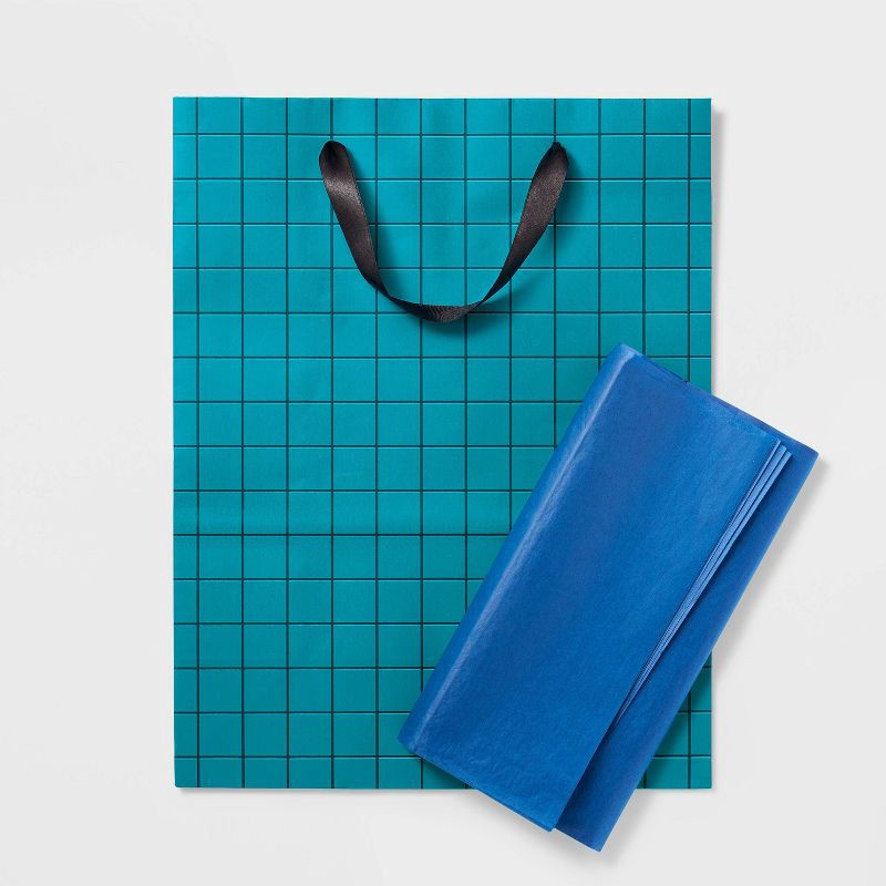 slide 3 of 3, Large Birthday Gift Bag with Tissue Grid - Spritz™: Stripe Pattern, Black & Teal Blue, 12.75" x 10" x 5", 1 ct