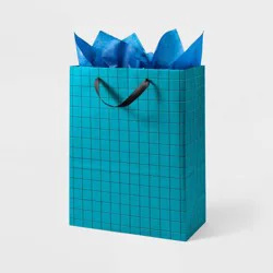 Large Birthday Gift Bag with Tissue Grid - Spritz™: Stripe Pattern, Black & Teal Blue, 12.75" x 10" x 5"