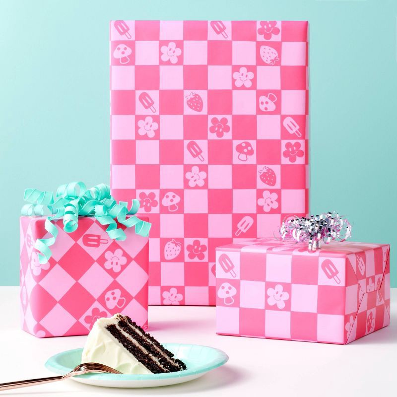slide 2 of 3, 96"x30" Checkered Icon Wrapping Paper Pink - Spritz™, 1 ct
