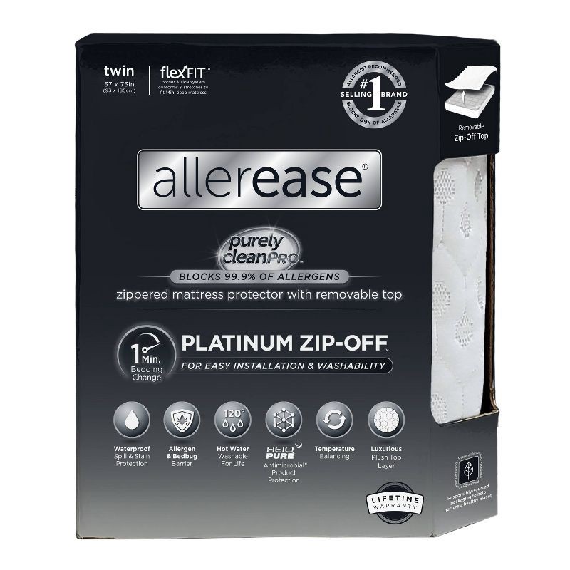 slide 1 of 7, Allerease Twin Platinum Zip-Off Plush Top Waterproof Allergen and Bedbug Barrier Mattress Protector: Hypoallergenic, Knitted Polyester, 1 ct