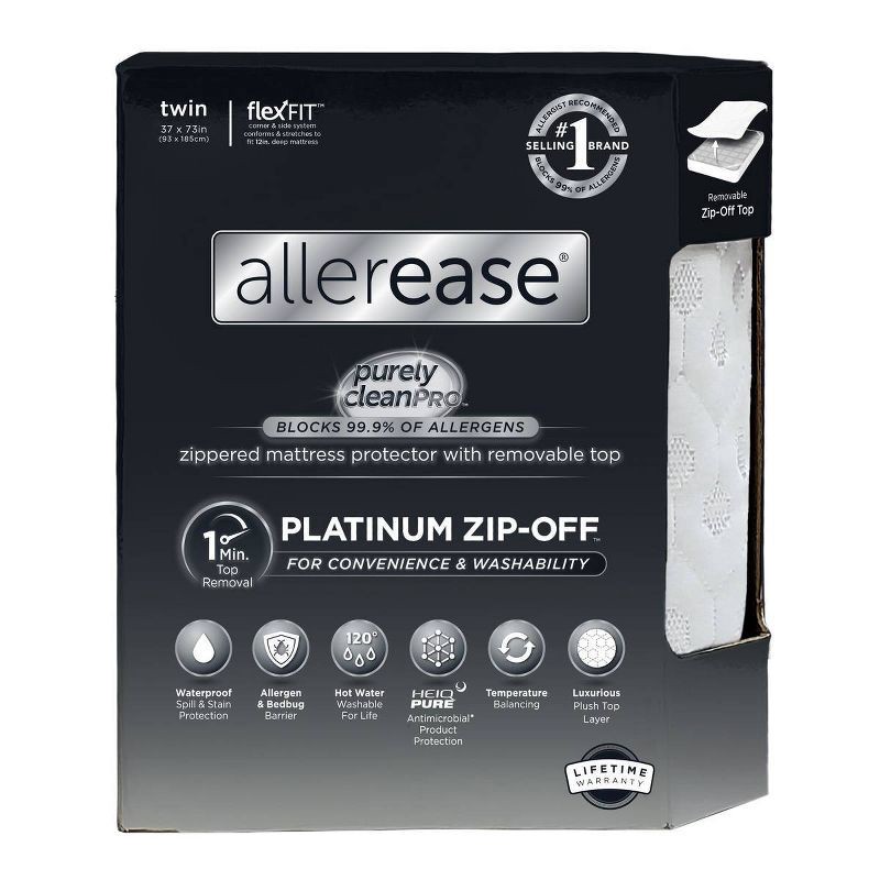 slide 1 of 6, Allerease Twin Platinum Zip-Off Plush Top Waterproof Allergen and Bedbug Barrier Mattress Protector: Hypoallergenic, Knitted Polyester, 1 ct