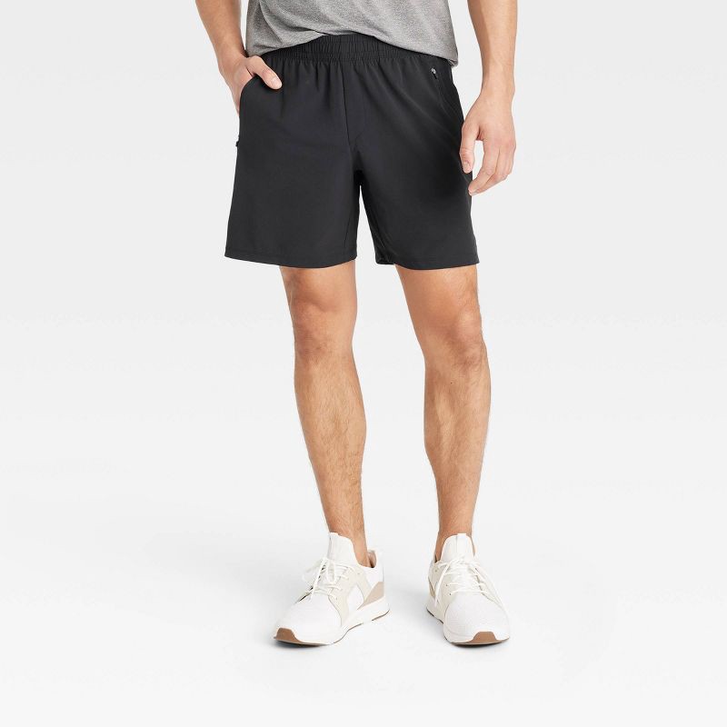 slide 1 of 3, Men's Stretch Woven Shorts 7" - All In Motion™ Black L: Adjustable Waistband, Side Pocket, 1 ct
