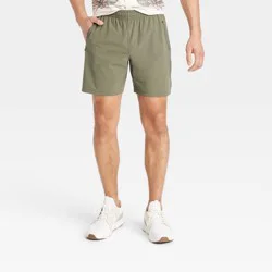Men's Stretch Woven Shorts 7" - All In Motion™ Green M: Lightweight Nylon-Spandex, Adjustable Waistband, Side Pockets