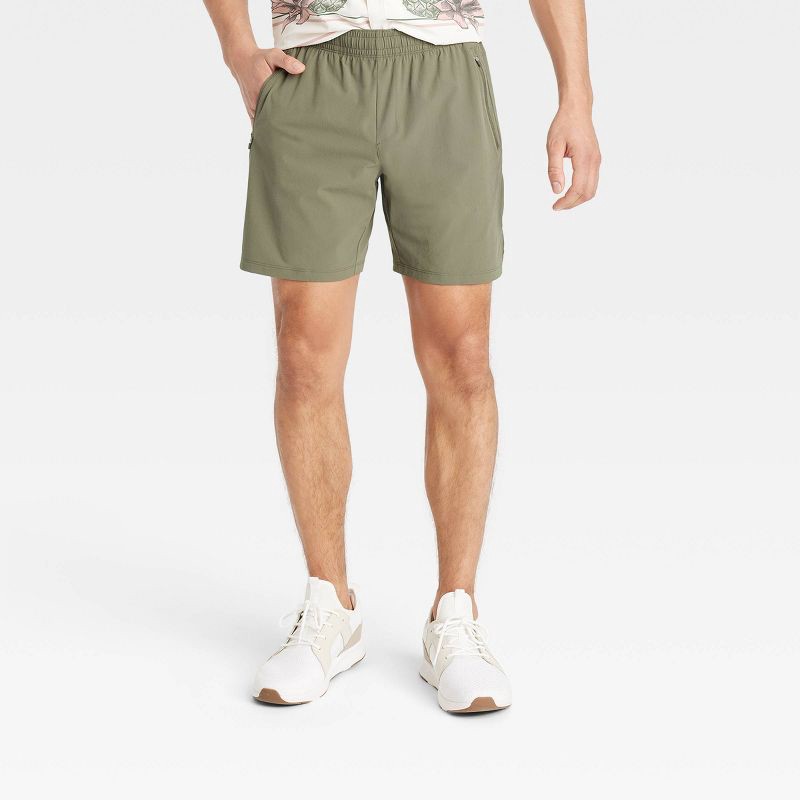 slide 1 of 3, Men's Stretch Woven Shorts 7" - All In Motion™ Green L: Lightweight Nylon-Spandex, Adjustable Waistband, Side Pockets, 1 ct