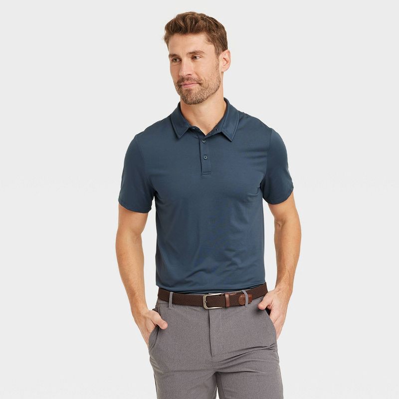 slide 1 of 3, Men's Jersey Polo Shirt - All In Motion™ Dark Blue S: Moisture Wicking, Stretch, Top, 1 ct