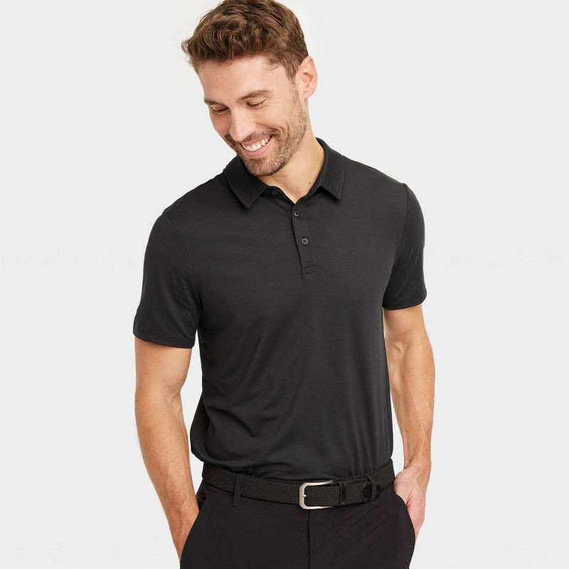 slide 3 of 3, Men's Jersey Polo Shirt - All In Motion™ Black M: Moisture Wicking, Stretch, Top, 1 ct